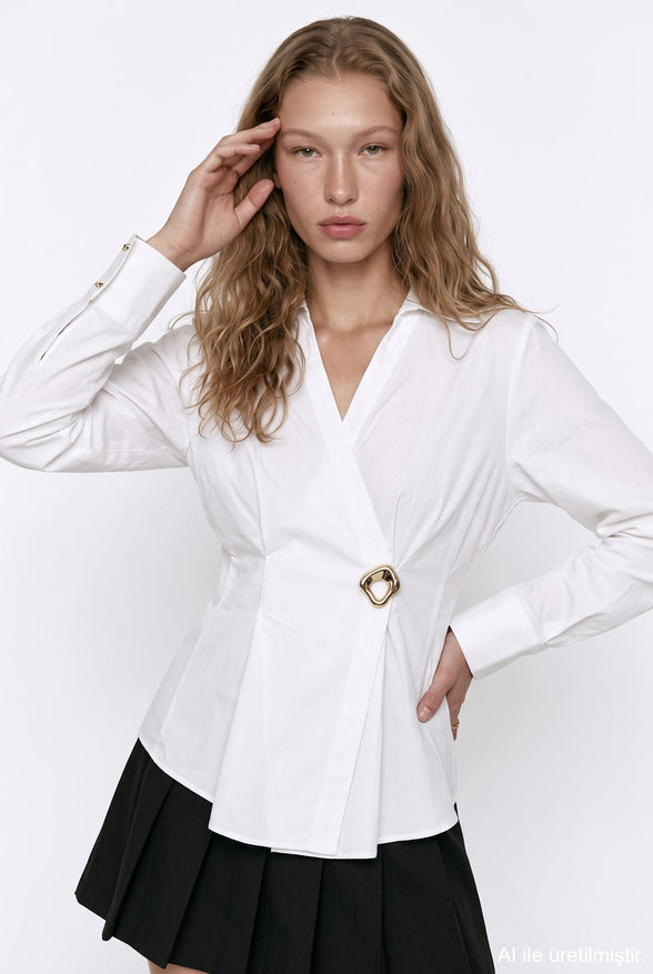 Wrap Buckle-Detail Blouse