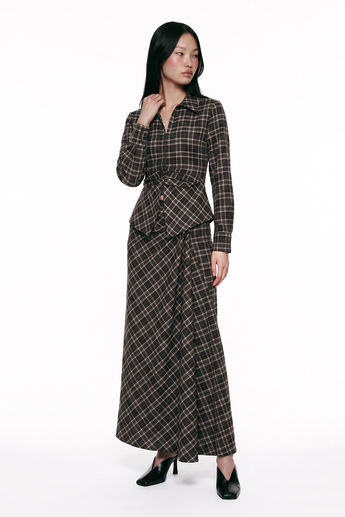 Draped Plaid Midi Skirt