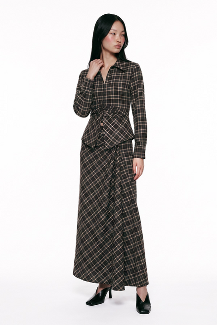Draped Plaid Midi Skirt