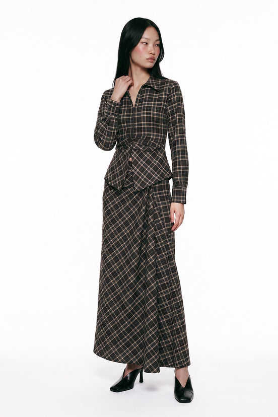 Draped Plaid Midi Skirt
