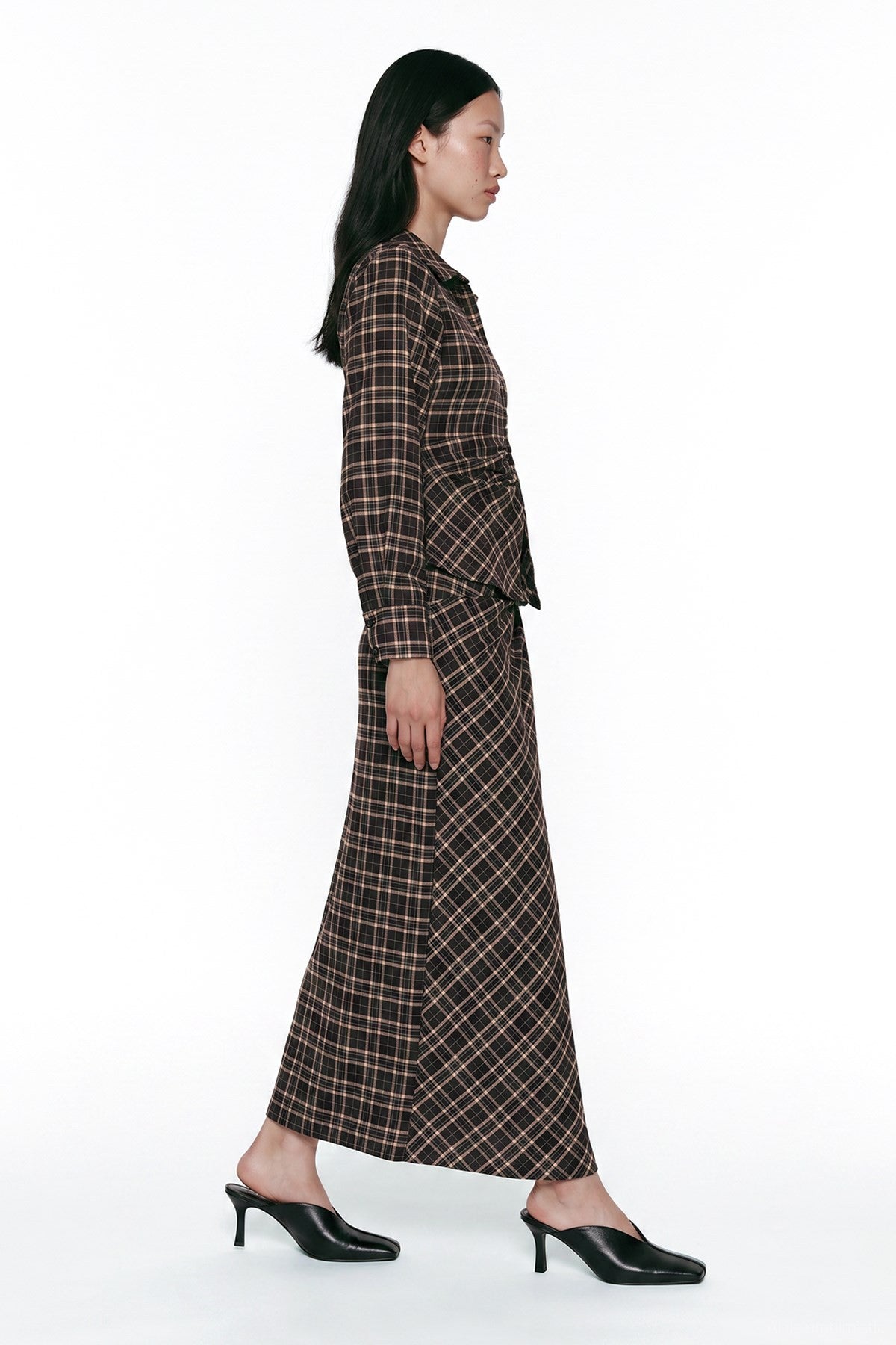 Draped Plaid Midi Skirt
