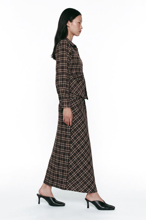 Draped Plaid Midi Skirt