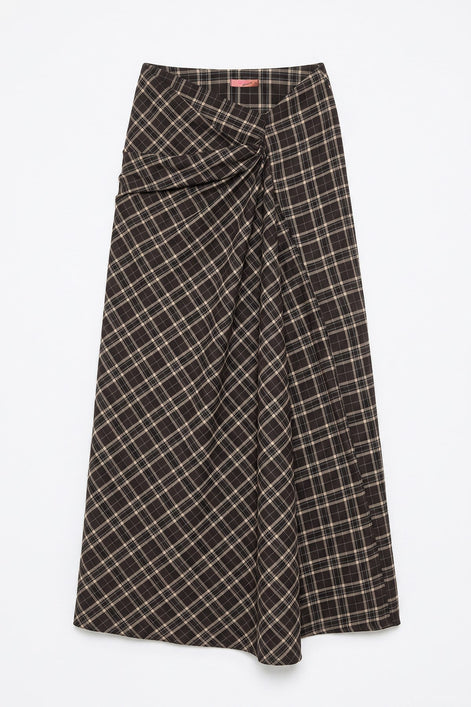 Draped Plaid Midi Skirt