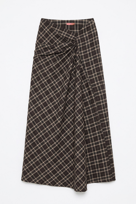 Draped Plaid Midi Skirt