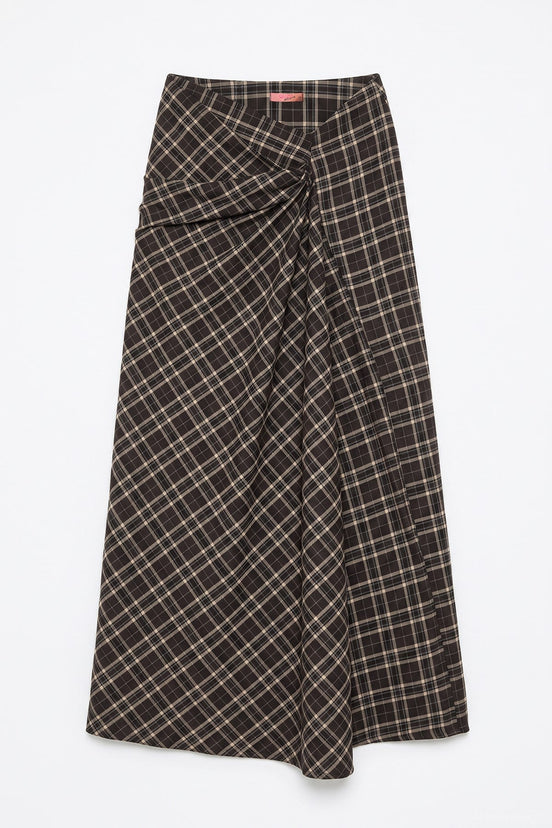 Draped Plaid Midi Skirt