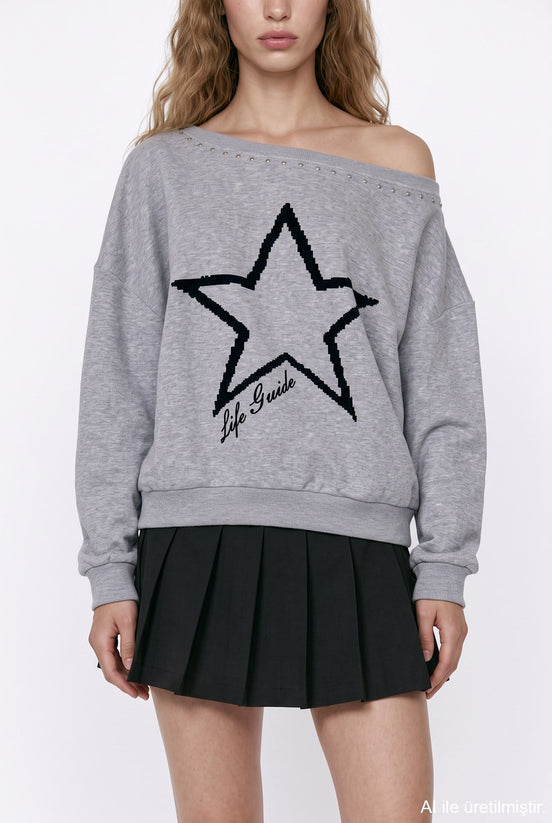 Star Print Off-Shoulder Sweatshirt